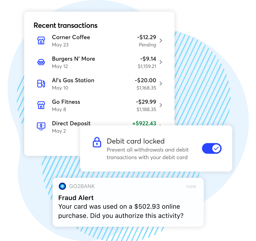 GO2bank app screen showing recent transactions, debit card locked alert and fraud alert.
