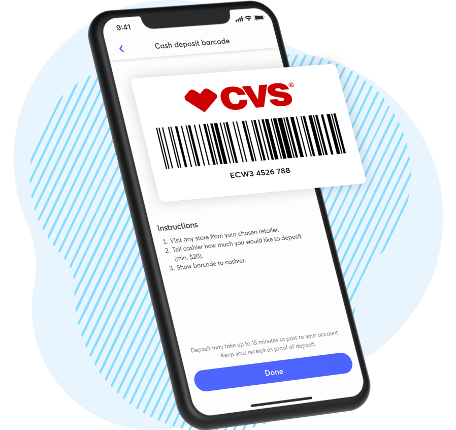 Smartphone screen showing CVS cash deposit barcode and instructions.