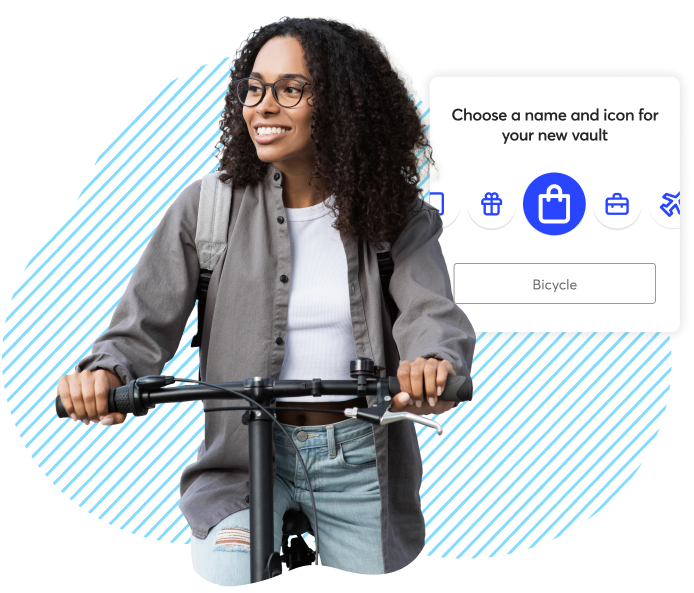User interface for naming a new savings vault, featuring icon options for house, car, shopping, and key—shopping icon selected, and 'Bicycle' entered as the vault name; background shows a person riding a bike with a backpack.